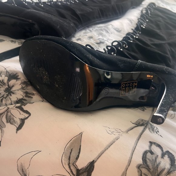 Thigh High Open Toe Stiletto Heel Lace Up Full Zipper Boots - Picture 3 of 5